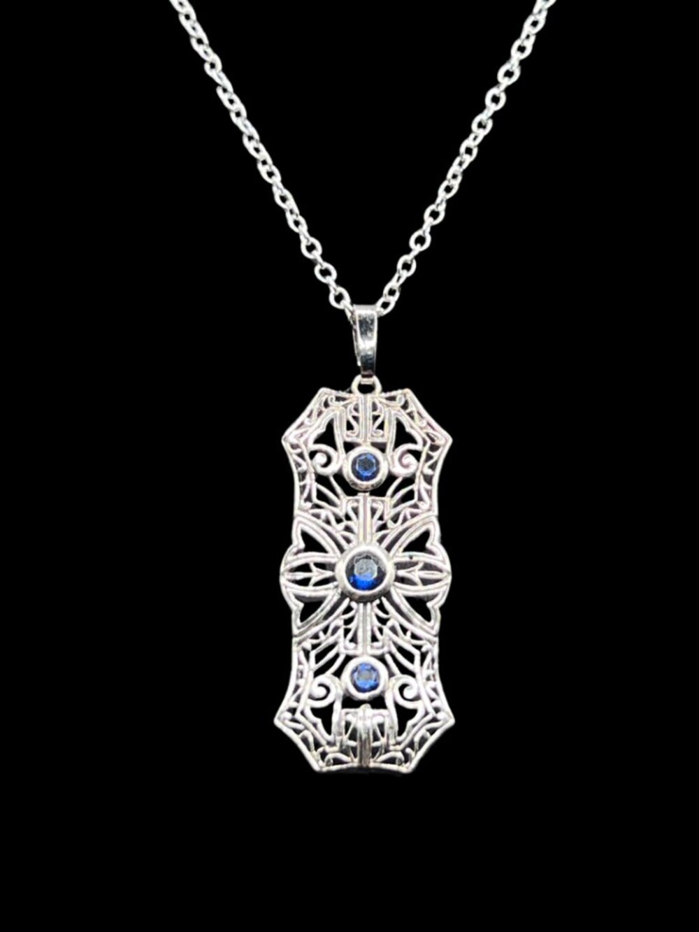 Art Deco Revival Sterling Silver Filigree Pendant With Blue Sapphires